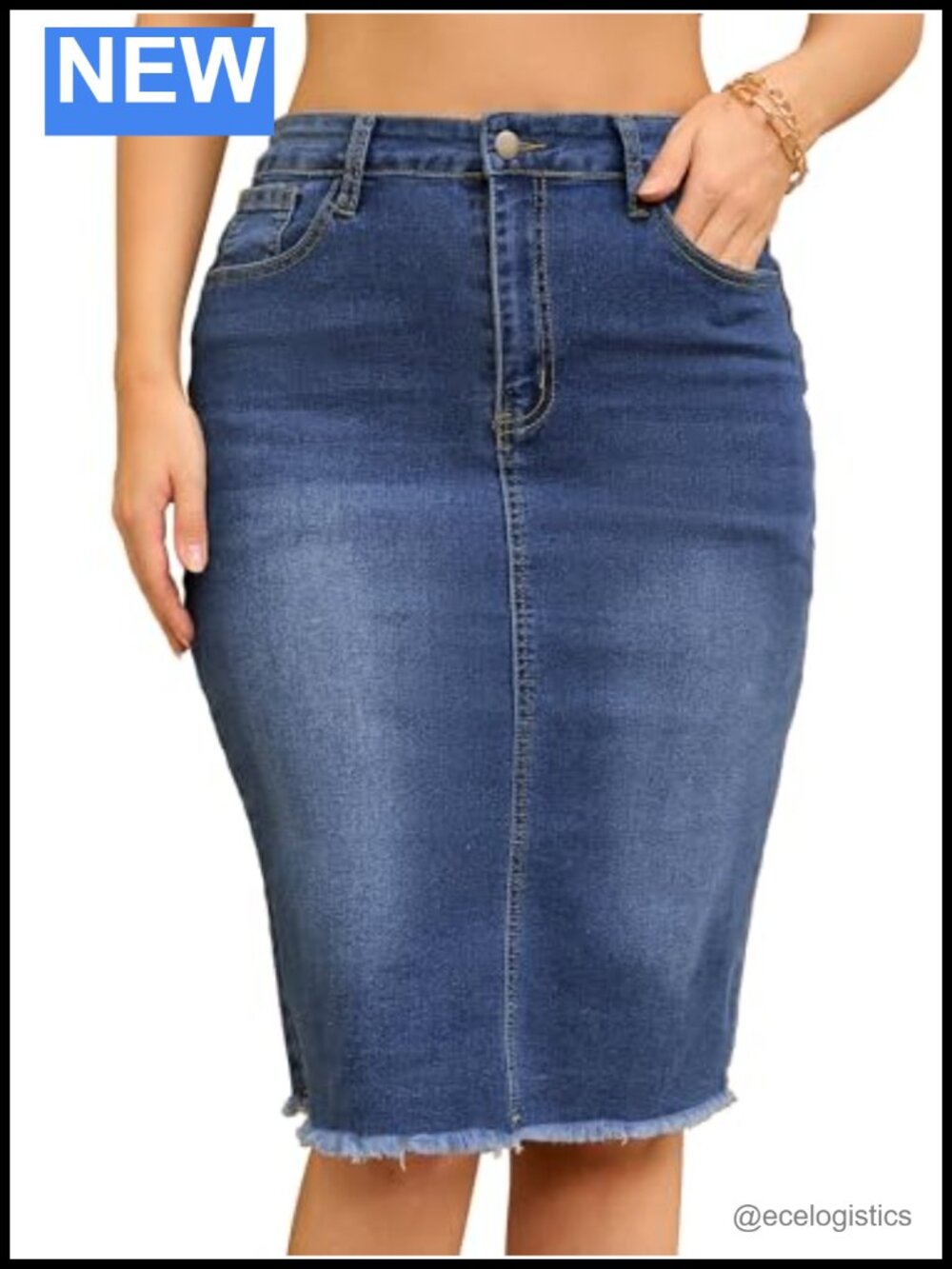 Women's Denim Skirt Casual Raw Hem Stretch Knee Length Jean Skirts